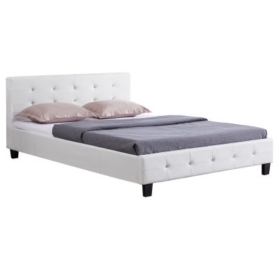 Lit double JOSY, 140 x 190 cm, capitonn&eacute; avec sommier, rev&ecirc;tement synth&eacute;tique blanc