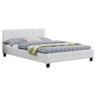 Lit double MATHIEU, 140 x 190 cm, capitonn&eacute; avec sommier, rev&ecirc;tement synth&eacute;tique blanc