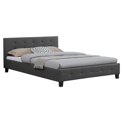 Lit double MATHIEU, 140 x 190 cm, capitonn&eacute; avec sommier, rev&ecirc;tement synth&eacute;tique gris