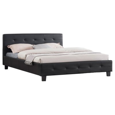 Lit double MATHIEU, 140 x 190 cm, capitonn&eacute; avec sommier, rev&ecirc;tement synth&eacute;tique noir