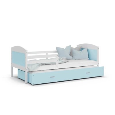 KIDS LITERIE Lit enfant mateo 90x190 blanc - bleu livr&eacute; avec sommiers, tiroir et matelas en mousse de 7cm