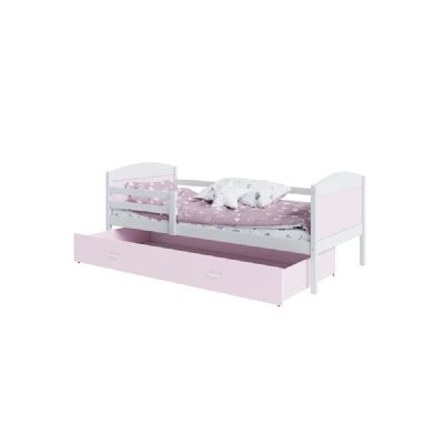 KIDS LITERIE Lit enfant mateo 90x190 blanc - rose livr&eacute; avec sommiers, tiroir et matelas en mousse de 7cm