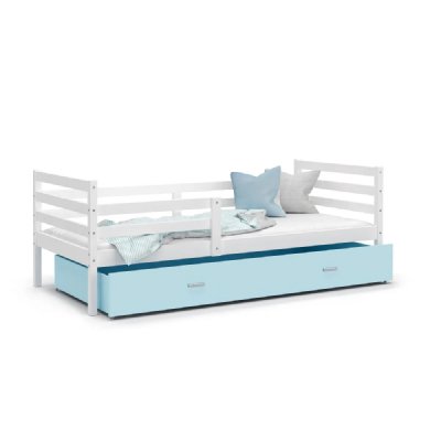 KIDS LITERIE Lit enfant milo 90x190 blanc - bleu livr&eacute; avec sommiers, tiroir et matelas en mousse de 7cm