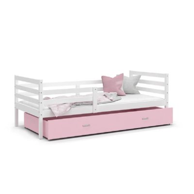 KIDS LITERIE Lit enfant MILO 90x190 Blanc et Rose - Sommier et matelas inclus - Avec tiroir de rangement