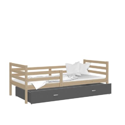 KIDS LITERIE Lit enfant milo 90x190 pin - gris livr&eacute; avec sommiers, tiroir et matelas en mousse de 7cm