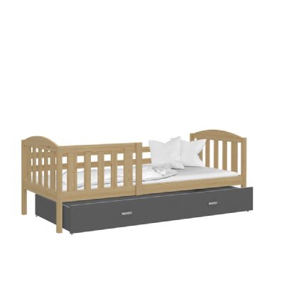 KIDS LITERIE Lit Enfant Teo 90&times;190 Pin - Gris avec Sommier, Tiroir et Matelas de 7cm OFFERT