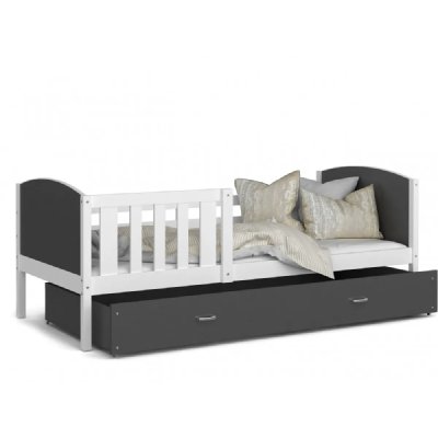 KIDS LITERIE Lit enfant tomy 90x190 blanc - gris livr&eacute; avec sommiers, tiroir et matelas en mousse de 7cm