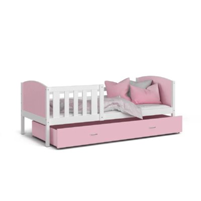 KIDS LITERIE Lit enfant tomy 90x190 blanc - rose livr&eacute; avec sommiers, tiroir et matelas en mousse de 7cm