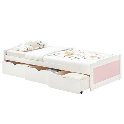 IDIMEX Lit fonctionnel MIA 90 x 200 cm, en pin massif lasur&eacute; blanc et rose