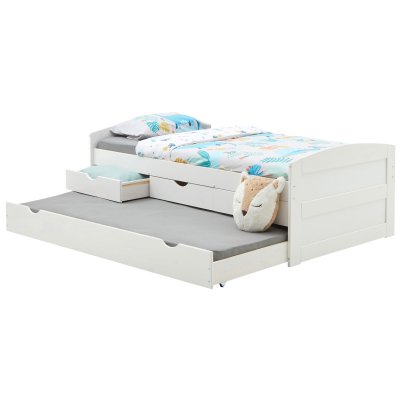 Lit gigogne avec rangements JESSY, 90 x 190 cm en pin massif lasur&eacute; blanc