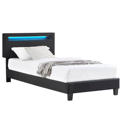 IDIMEX Lit LED simple AUSTIN 90x190 cm, avec sommier, rev&ecirc;tement en tissu noir
