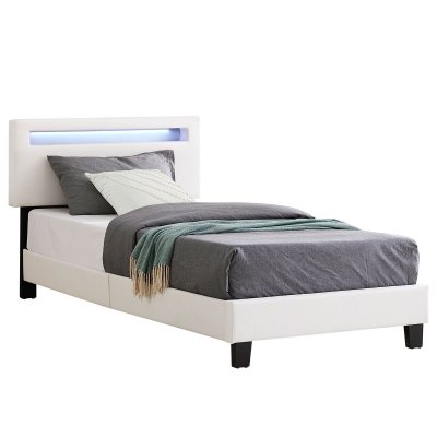IDIMEX Lit LED simple EVAN 90x190 cm, avec sommier, rev&ecirc;tement en synth&eacute;tique blanc