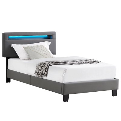 IDIMEX Lit LED simple EVAN 90x190 cm, avec sommier, rev&ecirc;tement en synth&eacute;tique gris