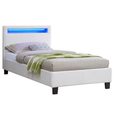 IDIMEX Lit LED simple LUCENO 90x190 cm, avec sommier, rev&ecirc;tement synth&eacute;tique blanc