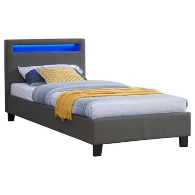 IDIMEX Lit LED simple LUCENO 90x190 cm, avec sommier, rev&ecirc;tement synth&eacute;tique gris