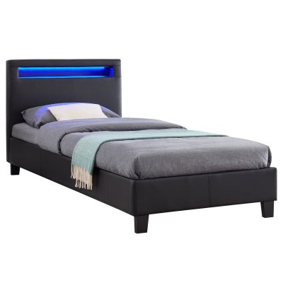 IDIMEX Lit LED simple LUCENO 90x190 cm, avec sommier, rev&ecirc;tement synth&eacute;tique noir