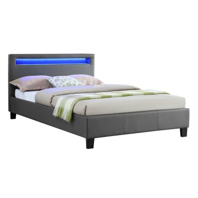 Lit LED simple MIIRANDO 120x190 cm, avec sommier, rev&ecirc;tement synth&eacute;tique gris