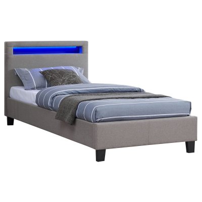 IDIMEX Lit LED simple MOLINA 90x190 cm, avec sommier, rev&ecirc;tement tissu gris
