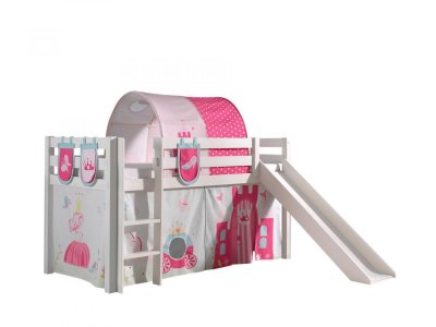 VIPACK Lit mi-hauteur 90x200 toboggan sommier inclus housse princesse blanc