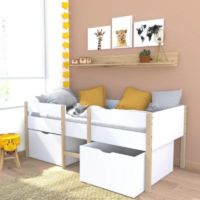 WEBER INDUSTRIES Lit mi-hauteur SISSY - 2 tiroirs - 90 x 190 cm - Blanc et ch&ecirc;ne