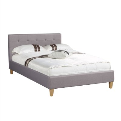 Lit simple LILLE, 120 x 190 cm, capitonn&eacute; avec sommier, rev&ecirc;tement en tissu gris