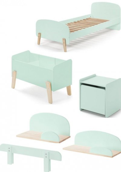  Lit simple menthe + sommier + chevet + Etag&egrave;res 45cm/65cm + coffre jouets + barri&egrave;re lit
