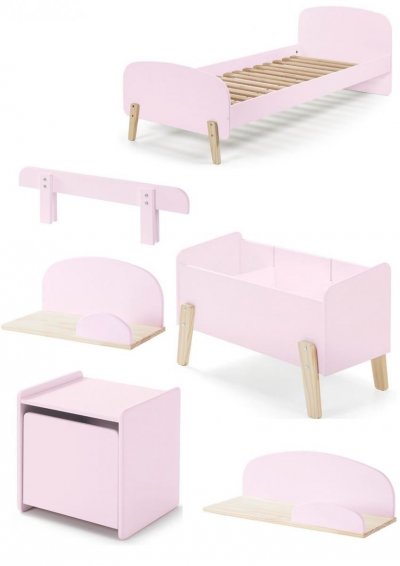 Lit Simple Rose + Sommier + Chevet + Etagres 45cm/65cm + Coffre Jouets + Barrire Lit