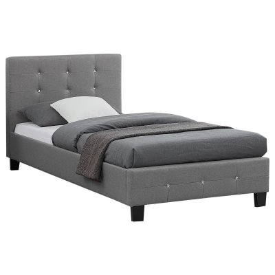Lit simple TICO, 90 x 190 cm, capitonn&eacute; avec sommier, rev&ecirc;tement en tissu gris