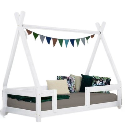  Lit tipi enfant avec barri&egrave;re bois massif blanc 80 x 180 cm #DS