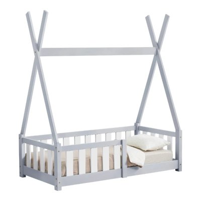 EN.CASA Lit Tipi pour Enfants Helsingborg avec Grille de S&eacute;curit&eacute; Pin 140 x 70 cm Gris Clair