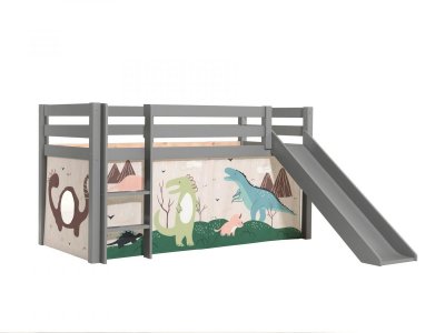 VIPACK Lit toboggan 90x200 cm avec tente dinosaure pin massif gris Pino