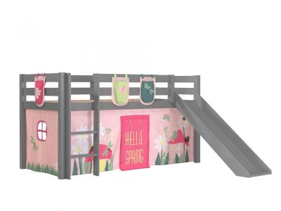 VIPACK Lit toboggan 90x200 cm avec tente et 3 pochettes printemps pin massif gris pino
