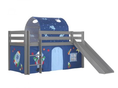 Lit toboggan 90x200 cm avec tente et tunnel astra pin massif gris pino