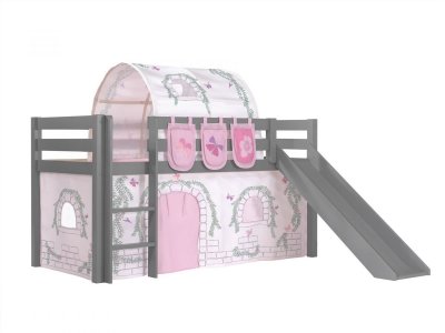 VIPACK Lit toboggan 90x200 cm avec tente tunnel et 3 pochettes contra pin massif gris Pino