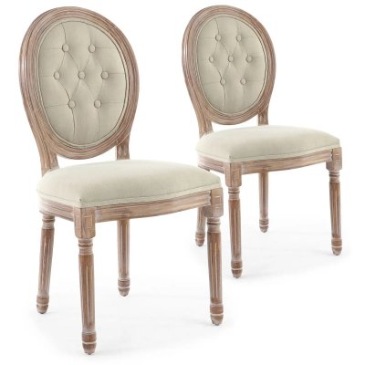 Lot De 2 Chaises M&eacute;daillon Bois Patin&eacute; & Tissu Capitonn&eacute; Beige VINCI