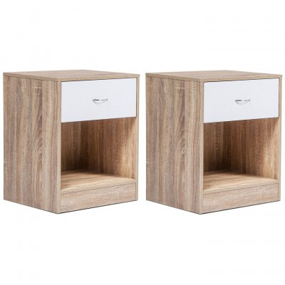 Lot de 2 tables de chevet OLGA bois fa&ccedil;on h&ecirc;tre et tiroir blanc