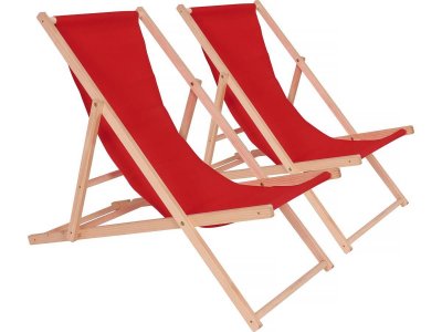HABITAT ET JARDIN Lot de 2 transat en bois ""Chilienne"" - 107 x 56.5 x 81 cm - Rouge
