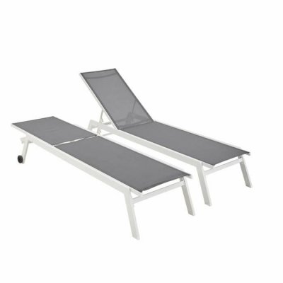 SWEEEK Lot de 2 transats blancs et gris aluminium multi position &agrave; roulettes