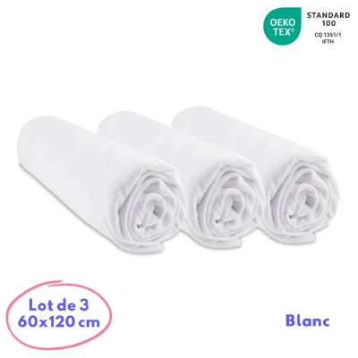  Lot de 3 draps housse bambou - 60x120 cm - blanc 3700785602624