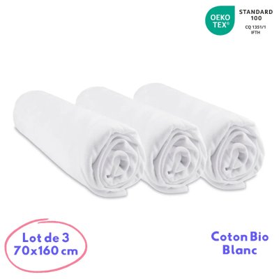 EASY DORT Lot de 3 draps housse Coton Bio - 70x160 Couleur - Blanc