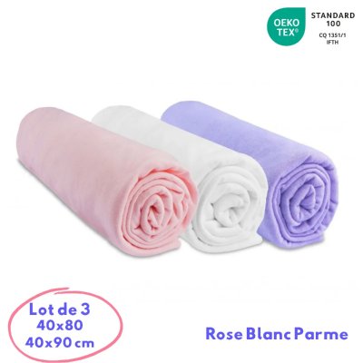EASY DORT Lot de 3 draps housse coton pour lit b&eacute;b&eacute; 40x80 / 40x90 - rose blanc parme