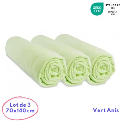 EASY DORT Lot de 3 draps housse jersey coton -70x140 Couleur - Anis