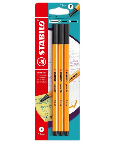 STABILO Lot de 3 stylos feutre pointe fine 0.4mm Point 88 noir