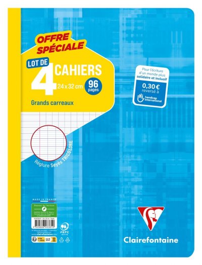 CLAIREFONTAINE Lot de 4 cahiers de 96 Pages s&eacute;y&egrave;s  24 x 32 cm Mod&egrave;le al&eacute;atoire