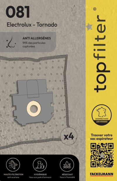 TOPFILTER Lot de 4 sacs aspirateur Electrolux et Tornado  Premium ref 64081
