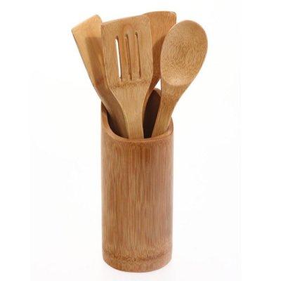 PARIS PRIX Lot de 4 ustensiles & pot de cuisine ""bambou"" naturel