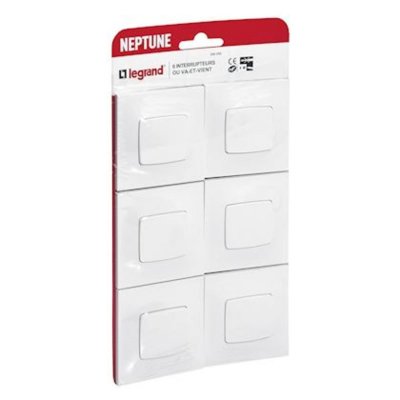 LEGRAND Lot de 6 interrupteurs va-et-vient complet,  Neptune, blanc