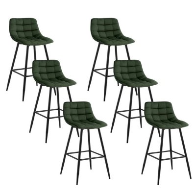 Lot de 6 tabouret de bar-chaise de bar- en velours avec pieds et repose-pieds en m&eacute;tal-vert fonc&eacute;