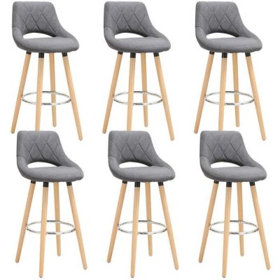 Lot de 6 tabourets de bar-en lin et bois massif avec dossier et repose-pieds-43x40x96cm-gris fonc&eacute;