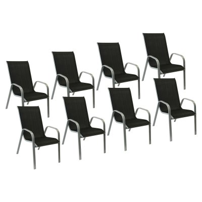 HAPPY GARDEN Lot de 8 chaises MARBELLA en textil&egrave;ne noir/structure gris empilables